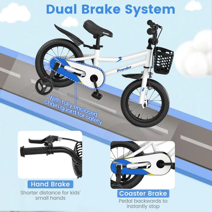 14 Inch Kids Bike Adjustable with 2 Training Wheels for 3 - 5 Years Old - White - Oasis Home Essentials