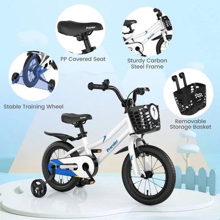 14 Inch Kids Bike Adjustable with 2 Training Wheels for 3 - 5 Years Old - White - Oasis Home Essentials