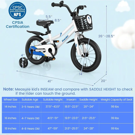 14 Inch Kids Bike Adjustable with 2 Training Wheels for 3 - 5 Years Old - White - Oasis Home Essentials