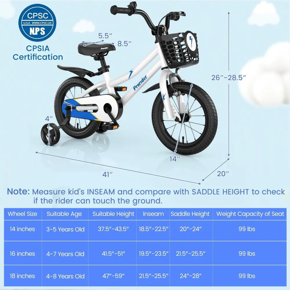 14 Inch Kids Bike Adjustable with 2 Training Wheels for 3 - 5 Years Old - White - Oasis Home Essentials