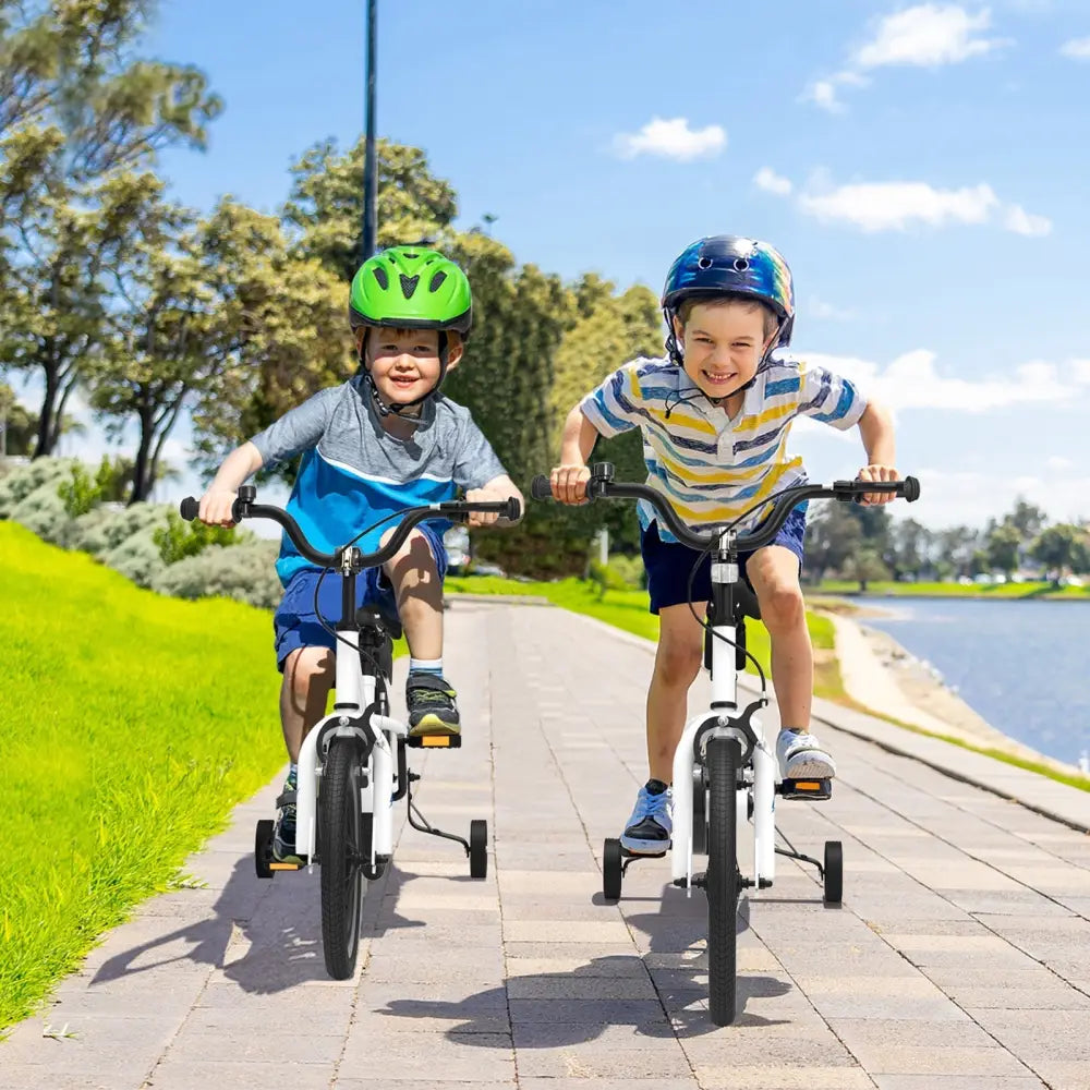 14 Inch Kids Bike Adjustable with 2 Training Wheels for 3 - 5 Years Old - White - Oasis Home Essentials