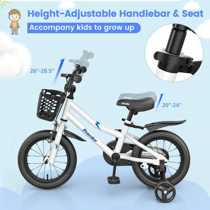14 Inch Kids Bike Adjustable with 2 Training Wheels for 3 - 5 Years Old - White - Oasis Home Essentials