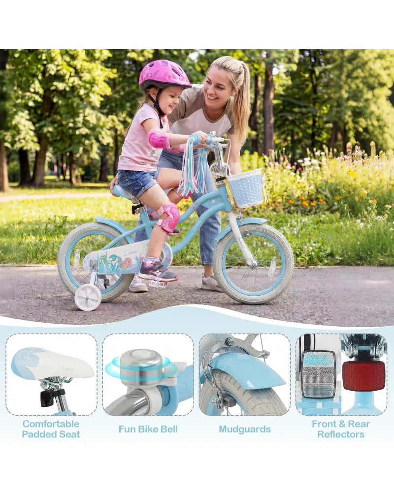14 Inch Kids Bike Adjustable with Basket and Streamers Blue for Kids Aged 3-5 Years Old - Princess of the Sea Theme