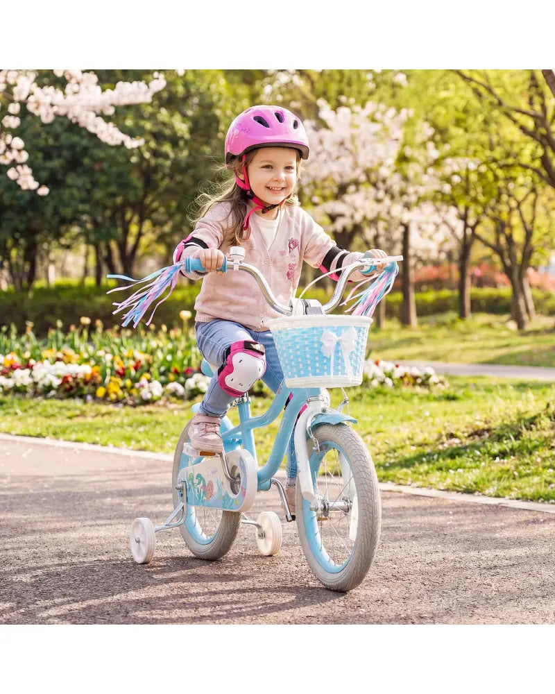 14 Inch Kids Bike Adjustable with Basket and Streamers Blue for Kids Aged 3-5 Years Old - Princess of the Sea Theme