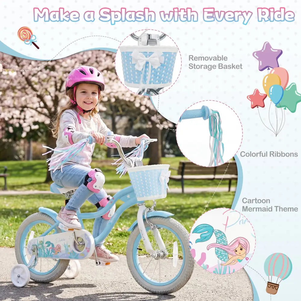 14 Inch Kids Bike Adjustable with Basket and Streamers Blue for Kids Aged 3-5 Years Old - Princess of the Sea Theme