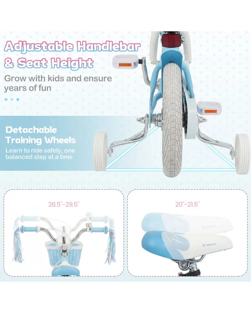 14 Inch Kids Bike Adjustable with Basket and Streamers Blue for Kids Aged 3-5 Years Old - Princess of the Sea Theme