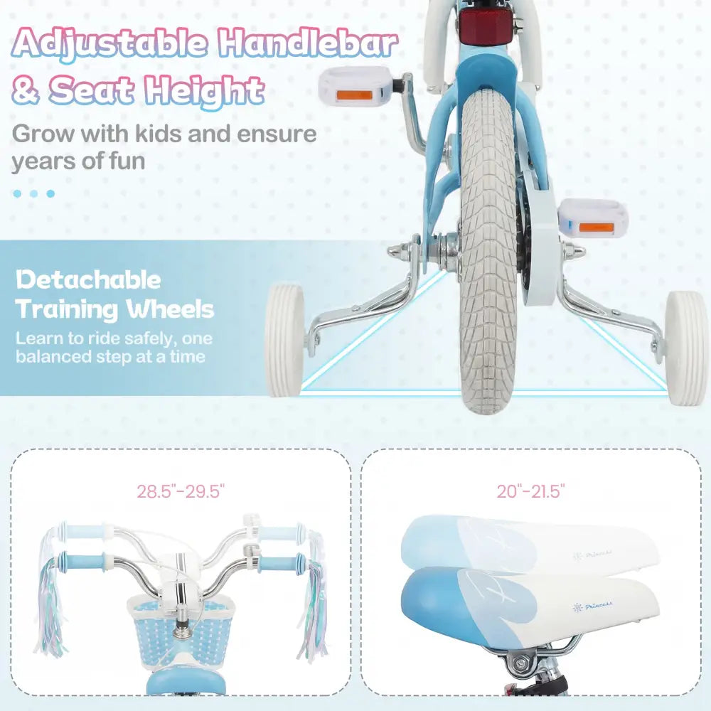 14 Inch Kids Bike Adjustable with Basket and Streamers Blue for Kids Aged 3-5 Years Old - Princess of the Sea Theme