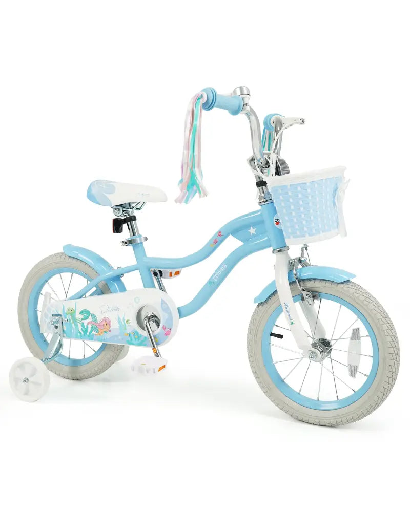 14 Inch Kids Bike Adjustable with Basket and Streamers Blue for Kids Aged 3-5 Years Old - Princess of the Sea Theme