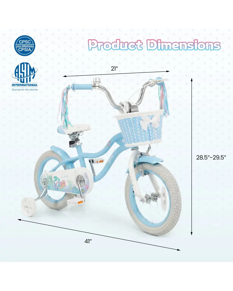 14 Inch Kids Bike Adjustable with Basket and Streamers Blue for Kids Aged 3-5 Years Old - Princess of the Sea Theme