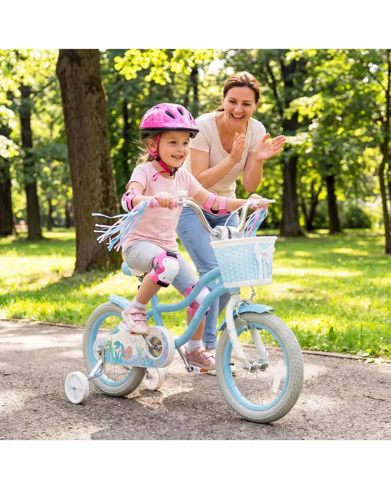 14 Inch Kids Bike Adjustable with Basket and Streamers Blue for Kids Aged 3-5 Years Old - Princess of the Sea Theme