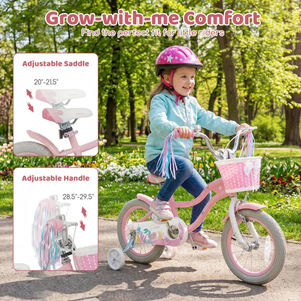 14 Inch Kids Bike Adjustable with Basket and Streamers for Girls Aged 3-5 Years Old Pink - Pink - Kids Bike