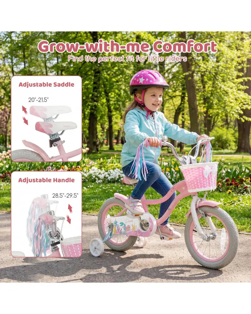 14 Inch Kids Bike Adjustable with Basket and Streamers for Girls Aged 3-5 Years Old Pink - Pink - Kids Bike