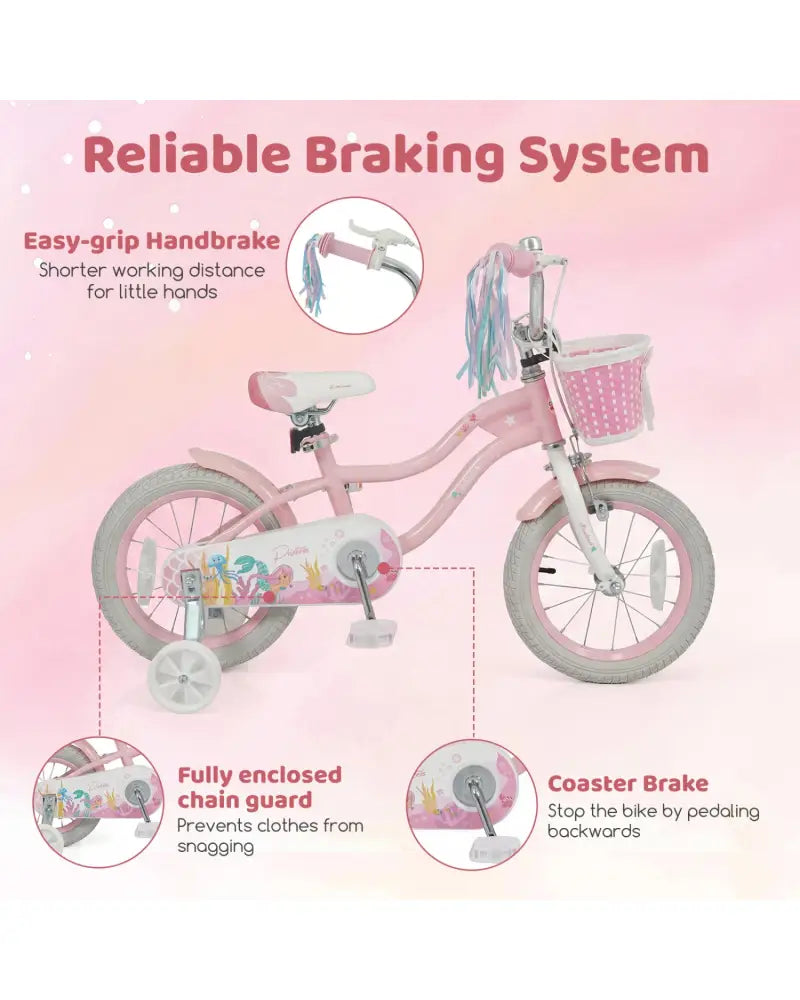 14 Inch Kids Bike Adjustable with Basket and Streamers for Girls Aged 3-5 Years Old Pink - Pink - Kids Bike