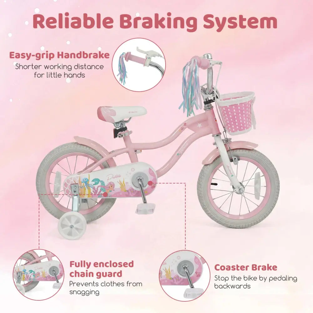 14 Inch Kids Bike Adjustable with Basket and Streamers for Girls Aged 3-5 Years Old Pink - Pink - Kids Bike