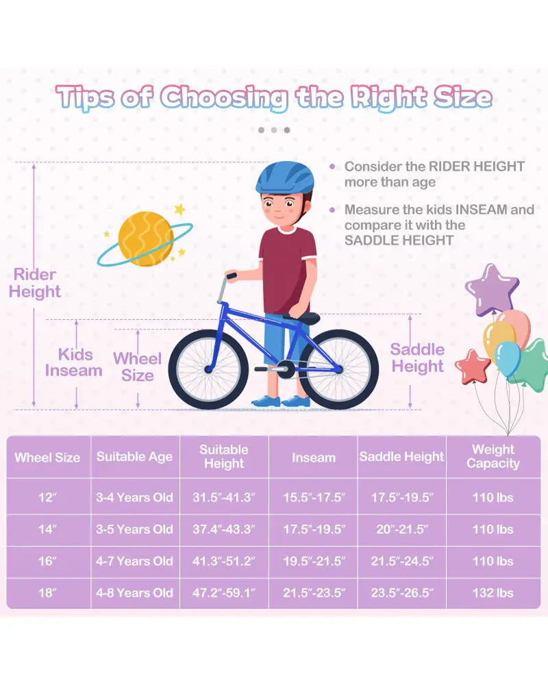 14 Inch Kids Bike Adjustable with Basket and Streamers Purple - Princess of the Sea Theme - Purple - Kids Bike