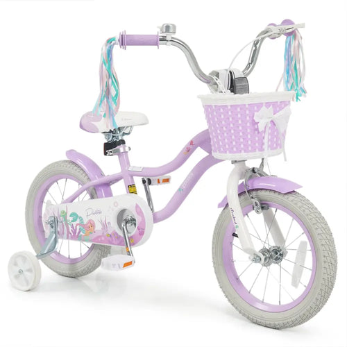 14 Inch Kids Bike Adjustable with Basket and Streamers Purple - Princess of the Sea Theme - Purple - Kids Bike