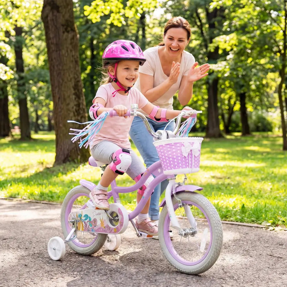 14 Inch Kids Bike Adjustable with Basket and Streamers Purple - Princess of the Sea Theme - Purple - Kids Bike