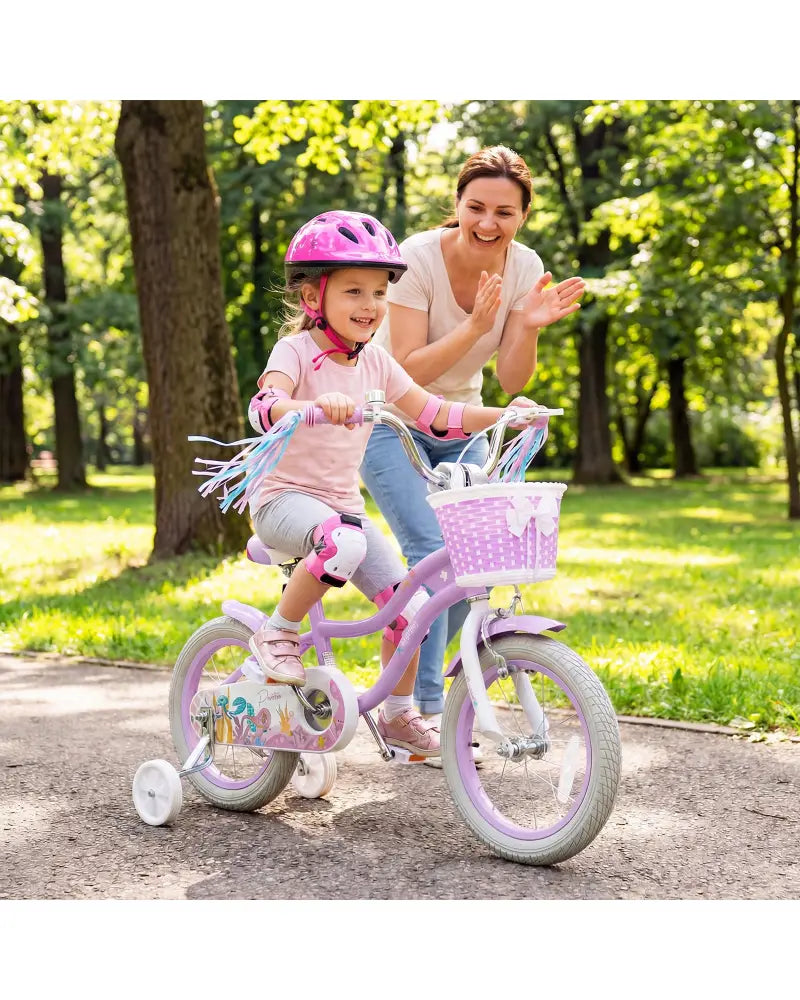14 Inch Kids Bike Adjustable with Basket and Streamers Purple - Princess of the Sea Theme - Purple - Kids Bike