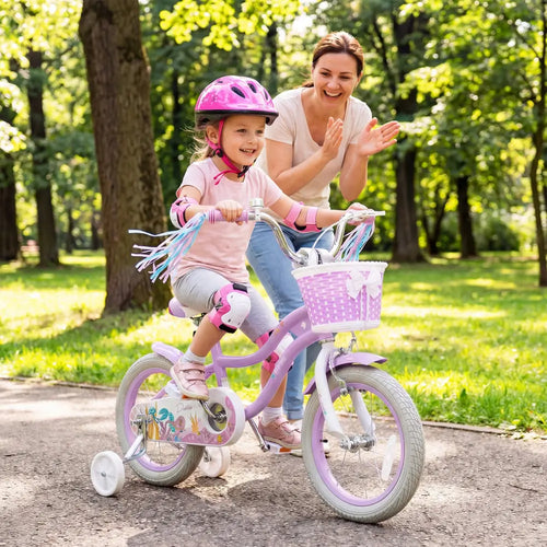 14 Inch Kids Bike Adjustable with Basket and Streamers Purple - Princess of the Sea Theme - Purple - Kids Bike