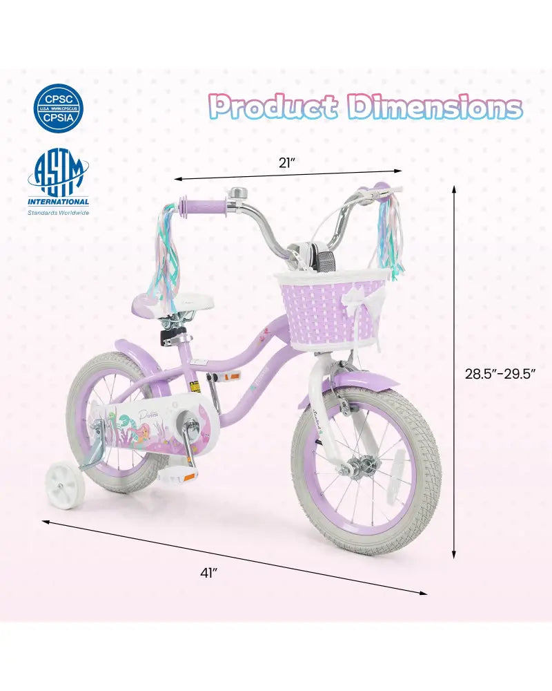 14 Inch Kids Bike Adjustable with Basket and Streamers Purple - Princess of the Sea Theme - Purple - Kids Bike