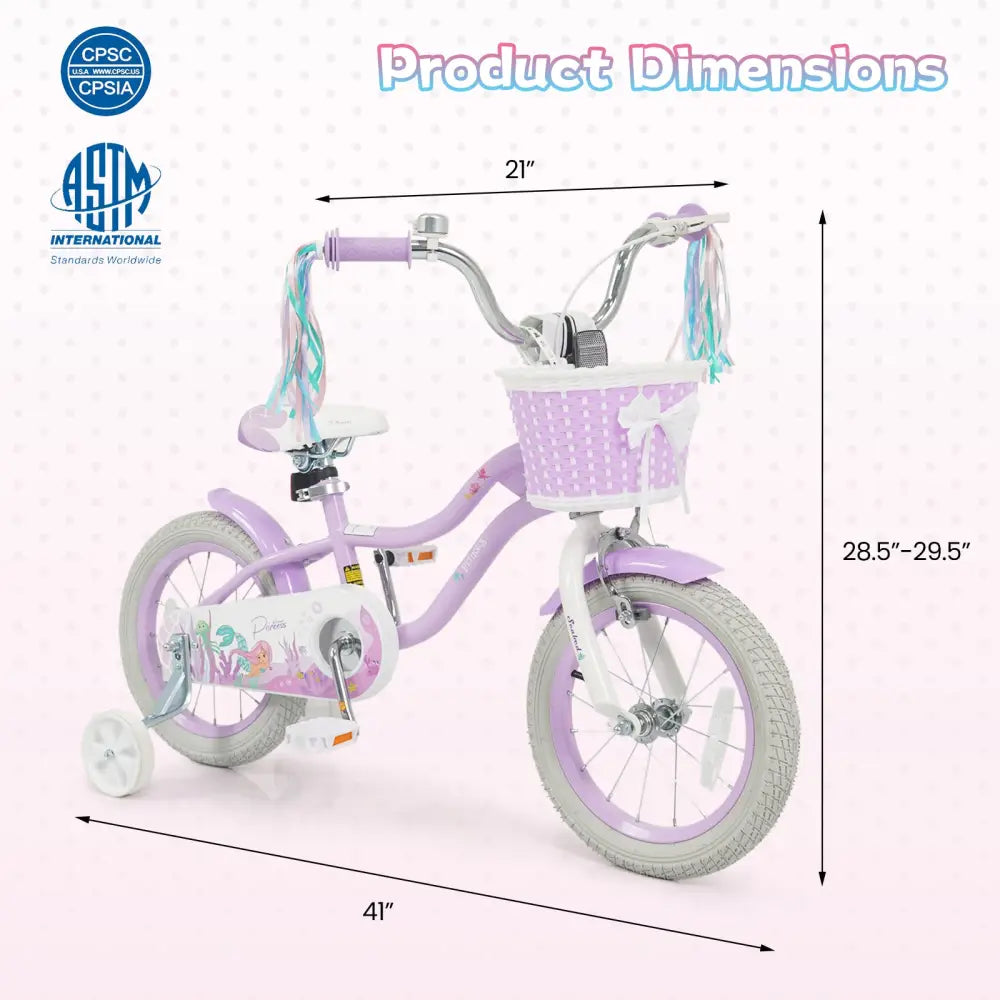 14 Inch Kids Bike Adjustable with Basket and Streamers Purple - Princess of the Sea Theme - Purple - Kids Bike