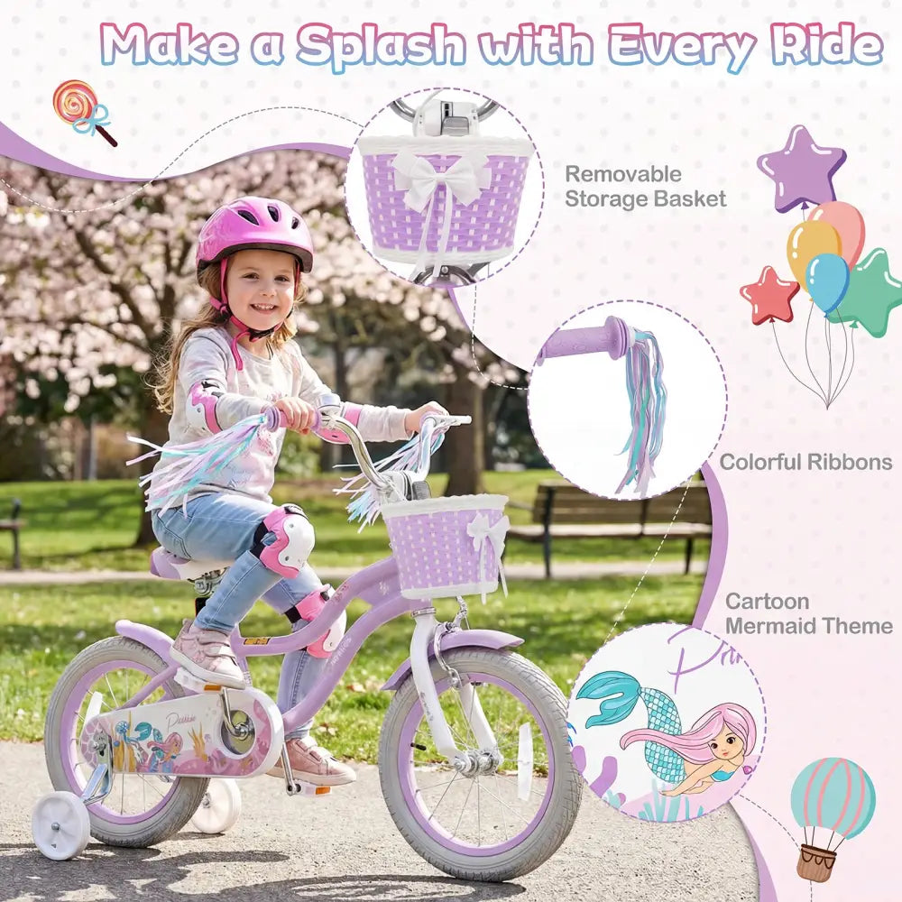 14 Inch Kids Bike Adjustable with Basket and Streamers Purple - Princess of the Sea Theme - Purple - Kids Bike