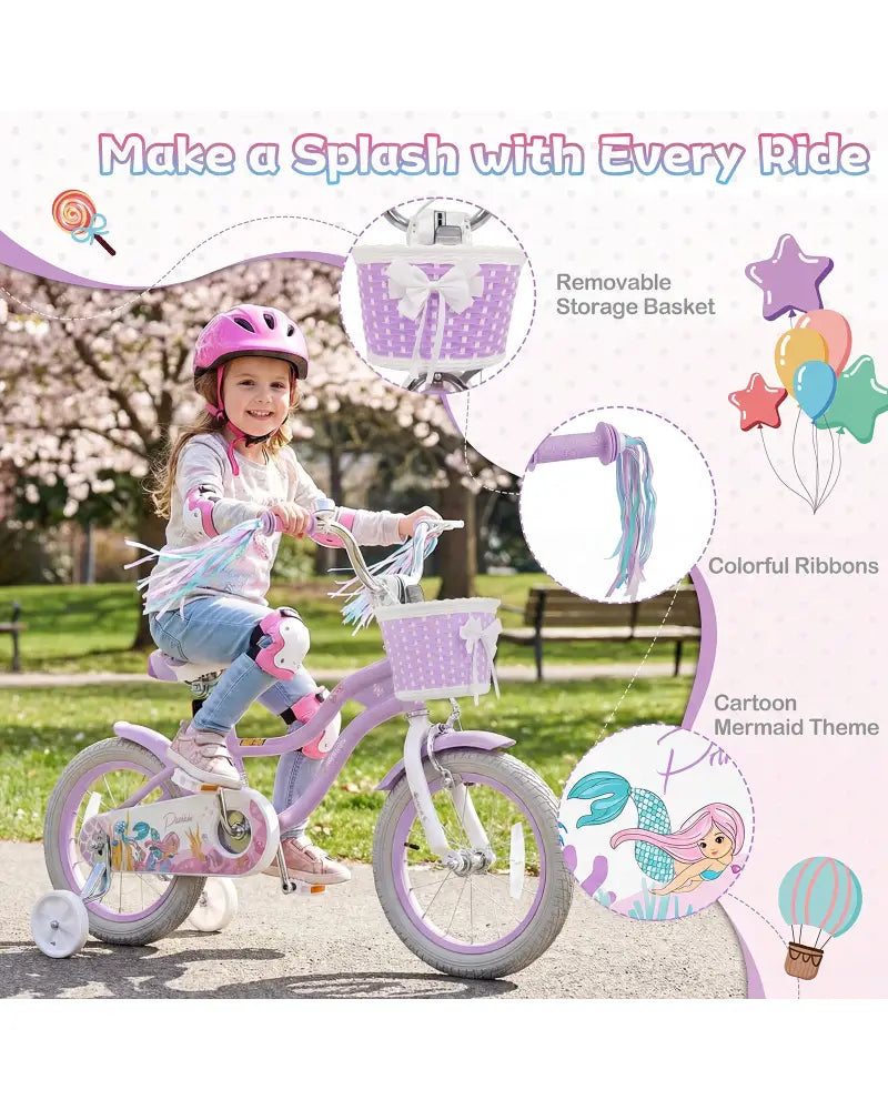 14 Inch Kids Bike Adjustable with Basket and Streamers Purple - Princess of the Sea Theme - Purple - Kids Bike