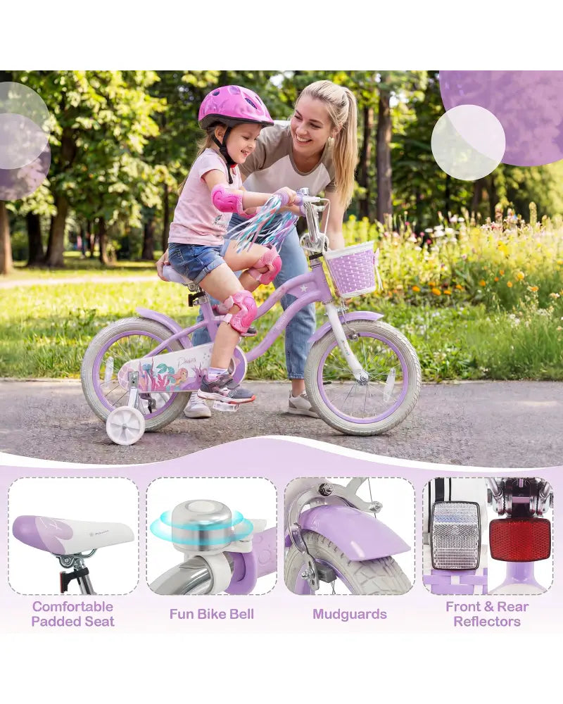 14 Inch Kids Bike Adjustable with Basket and Streamers Purple - Princess of the Sea Theme - Purple - Kids Bike