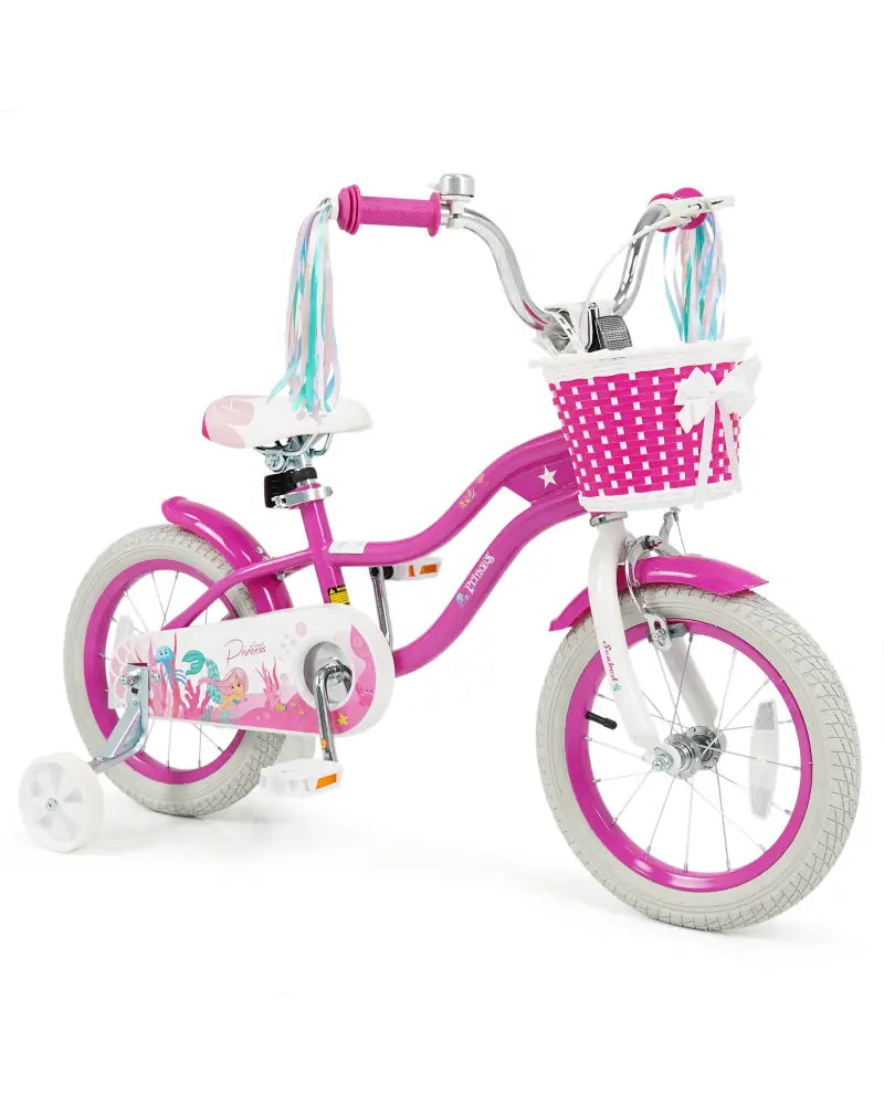 14-Inch Kids Bike Adjustable with Basket and Streamers Rose Red - Princess of the Sea Theme - Rose Red - Kids Bike