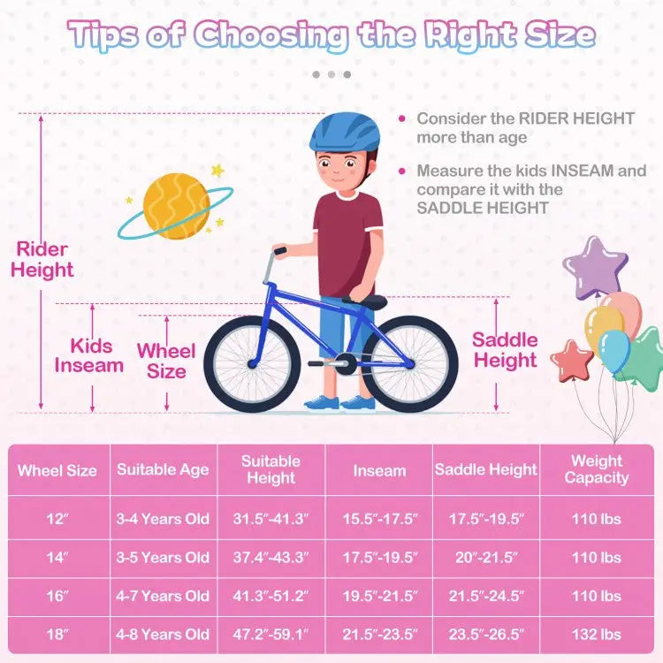14-Inch Kids Bike Adjustable with Basket and Streamers Rose Red - Princess of the Sea Theme - Rose Red - Kids Bike
