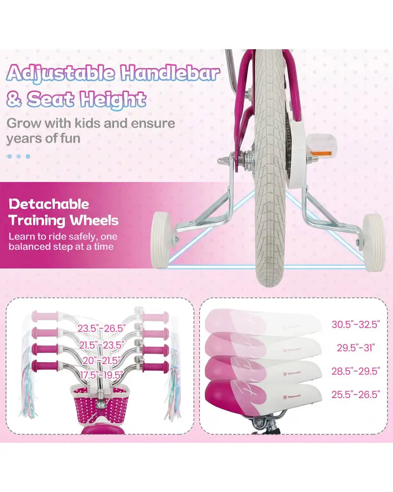 14-Inch Kids Bike Adjustable with Basket and Streamers Rose Red - Princess of the Sea Theme - Rose Red - Kids Bike