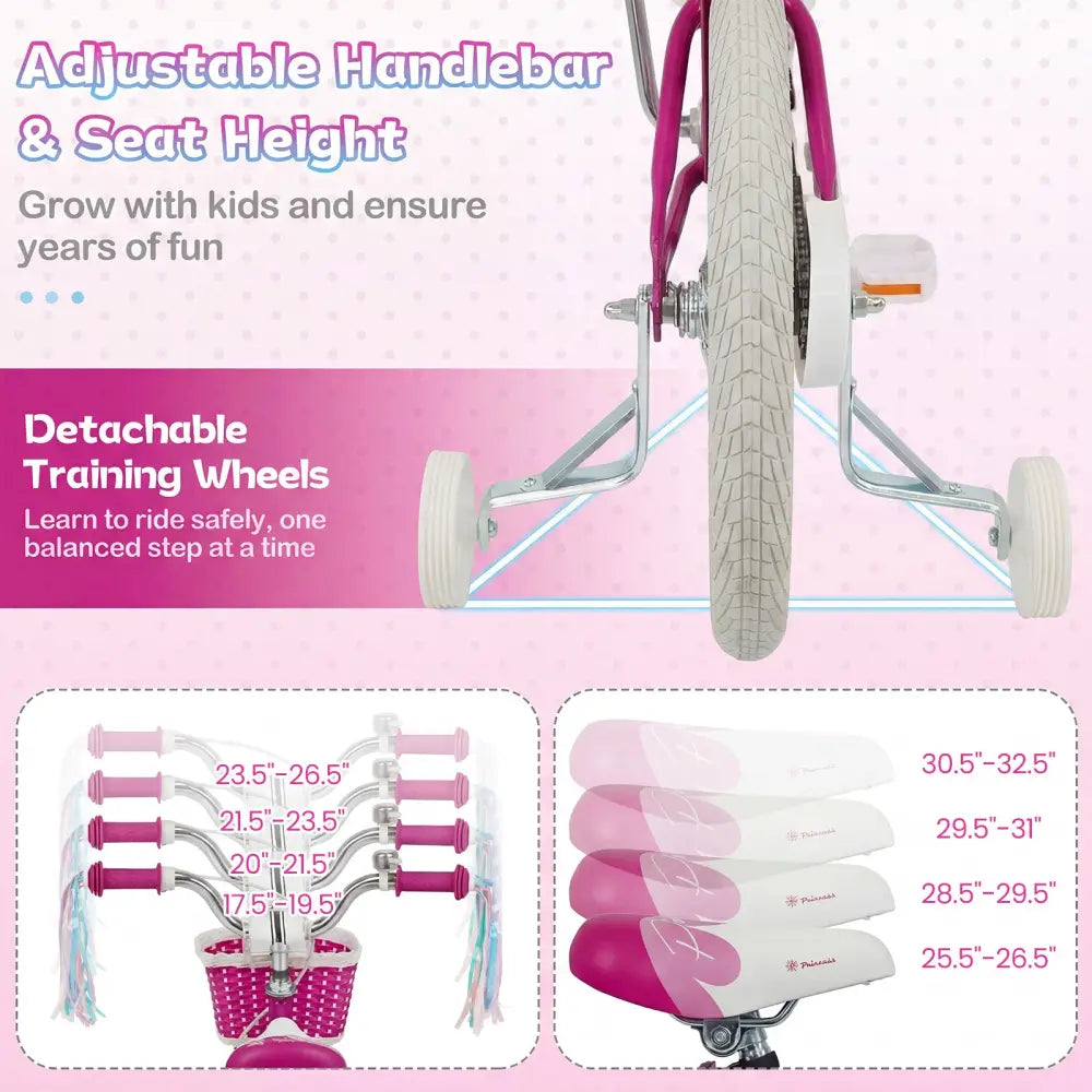 14-Inch Kids Bike Adjustable with Basket and Streamers Rose Red - Princess of the Sea Theme - Rose Red - Kids Bike