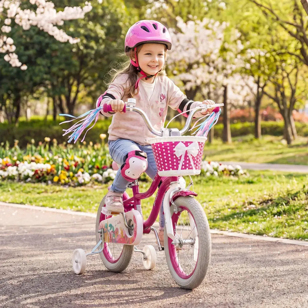 14-Inch Kids Bike Adjustable with Basket and Streamers Rose Red - Princess of the Sea Theme - Rose Red - Kids Bike