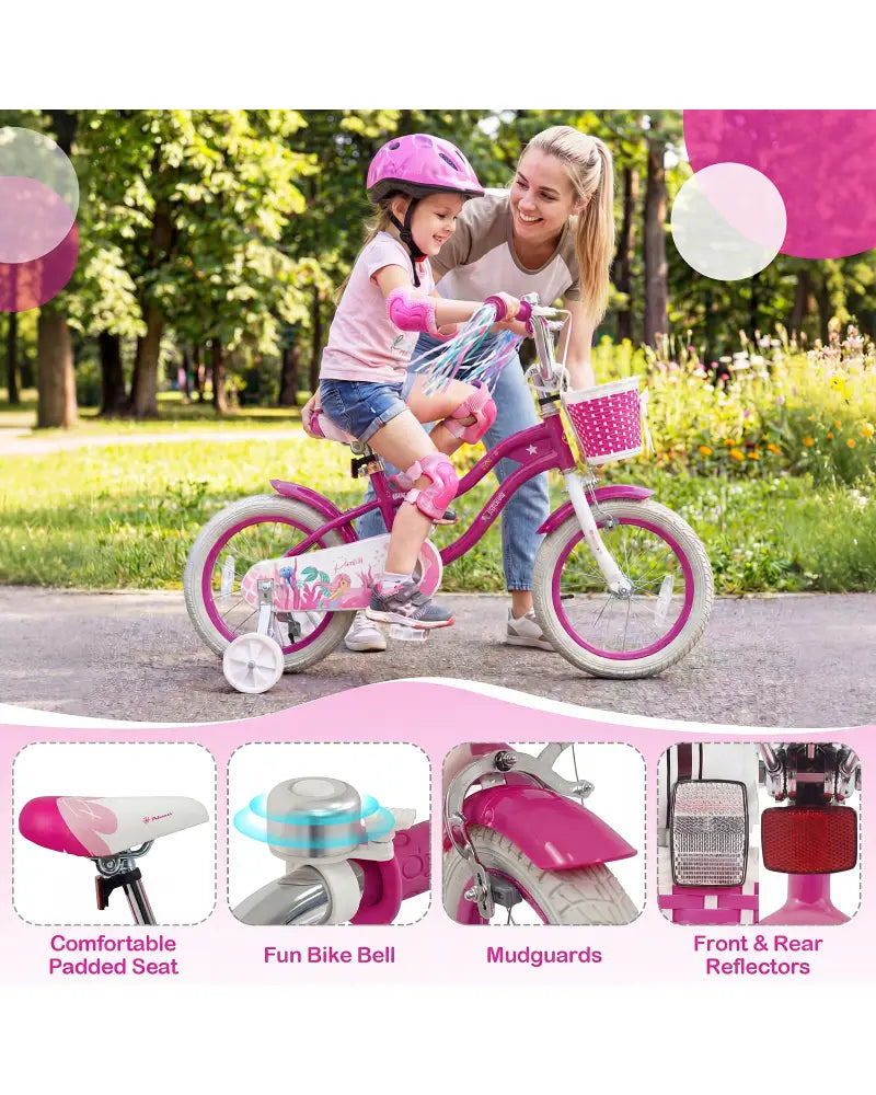 14-Inch Kids Bike Adjustable with Basket and Streamers Rose Red - Princess of the Sea Theme - Rose Red - Kids Bike
