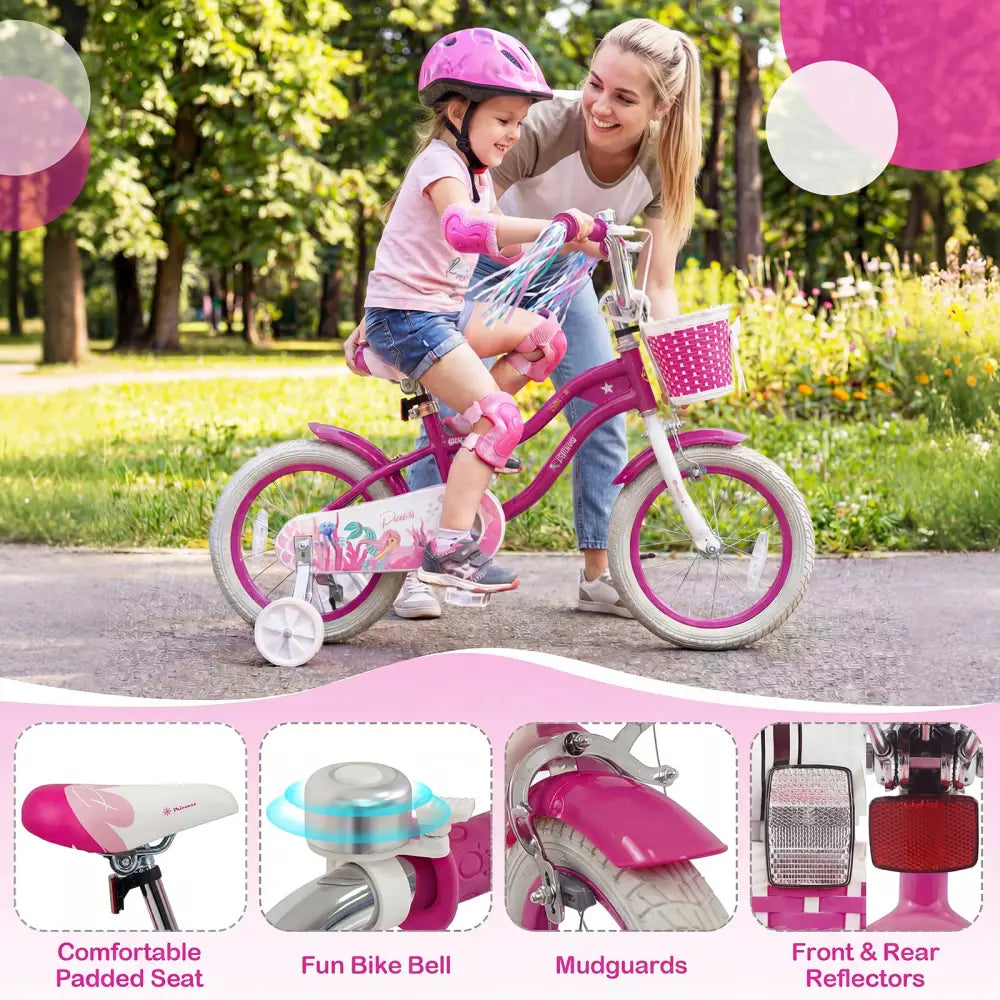 14-Inch Kids Bike Adjustable with Basket and Streamers Rose Red - Princess of the Sea Theme - Rose Red - Kids Bike