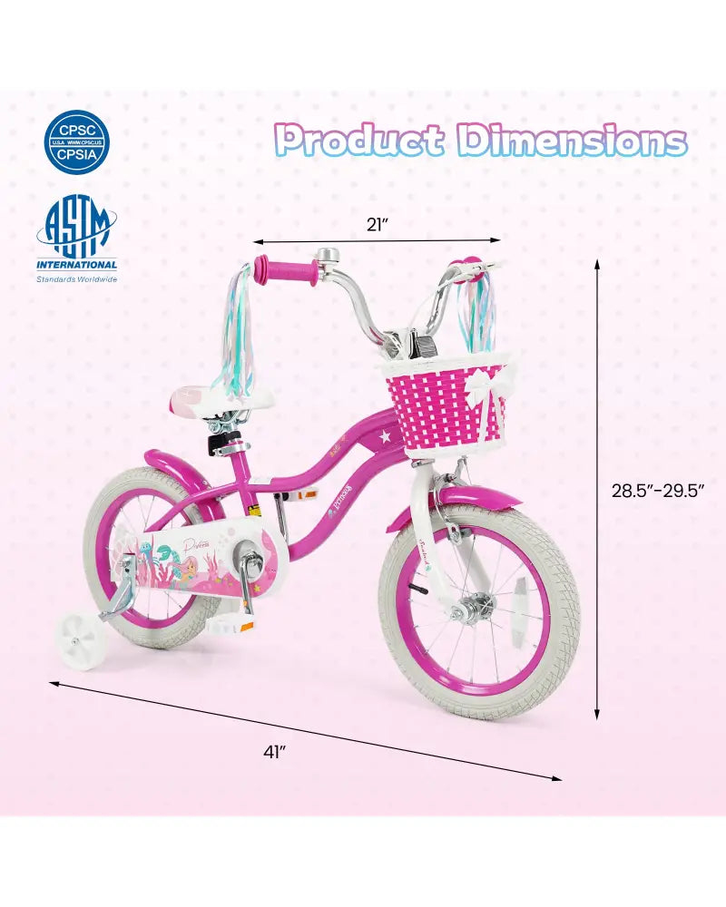 14-Inch Kids Bike Adjustable with Basket and Streamers Rose Red - Princess of the Sea Theme - Rose Red - Kids Bike