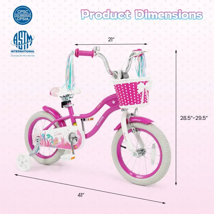 14-Inch Kids Bike Adjustable with Basket and Streamers Rose Red - Princess of the Sea Theme - Rose Red - Kids Bike