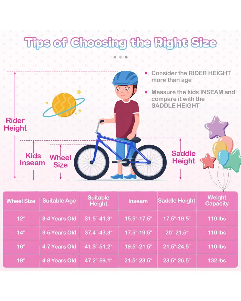14-Inch Kids Bike Adjustable with Basket and Streamers Rose Red - Princess of the Sea Theme - Rose Red - Kids Bike