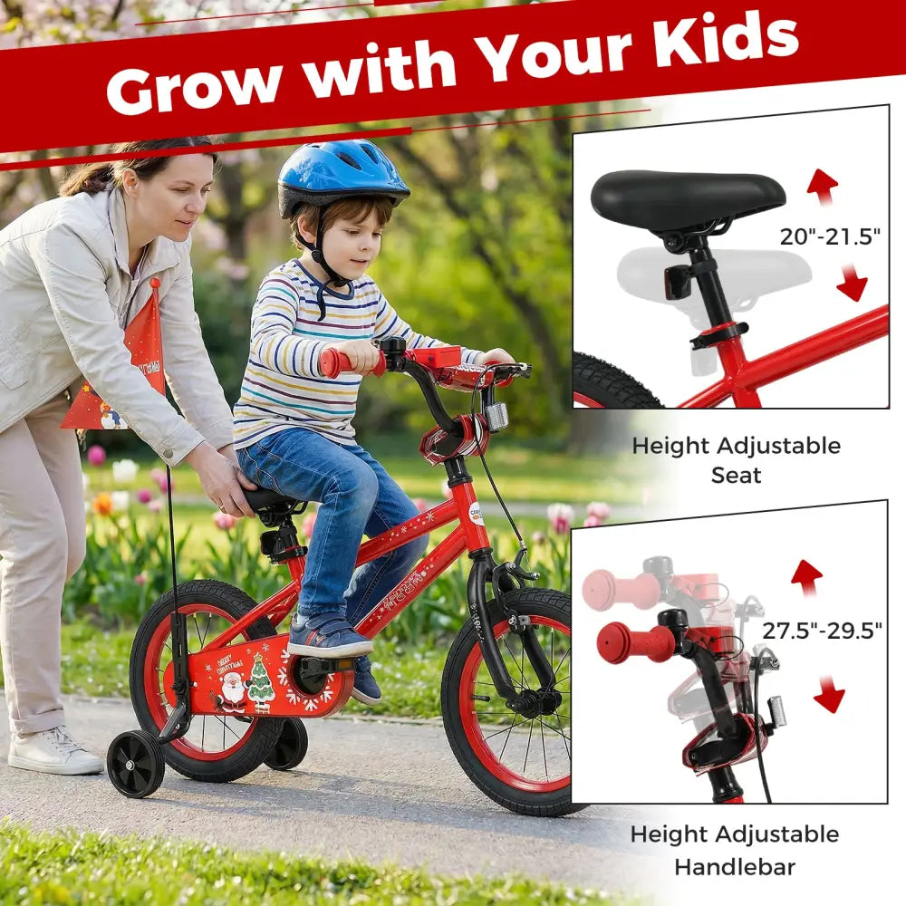 14 Inch Kids Bike Adjustable with Christmas Music & Flag for Aged 4-5 Years Old - Red - Kids Bike