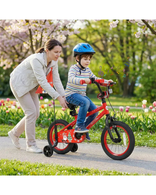14 Inch Kids Bike Adjustable with Christmas Music & Flag for Aged 4-5 Years Old - Red - Kids Bike