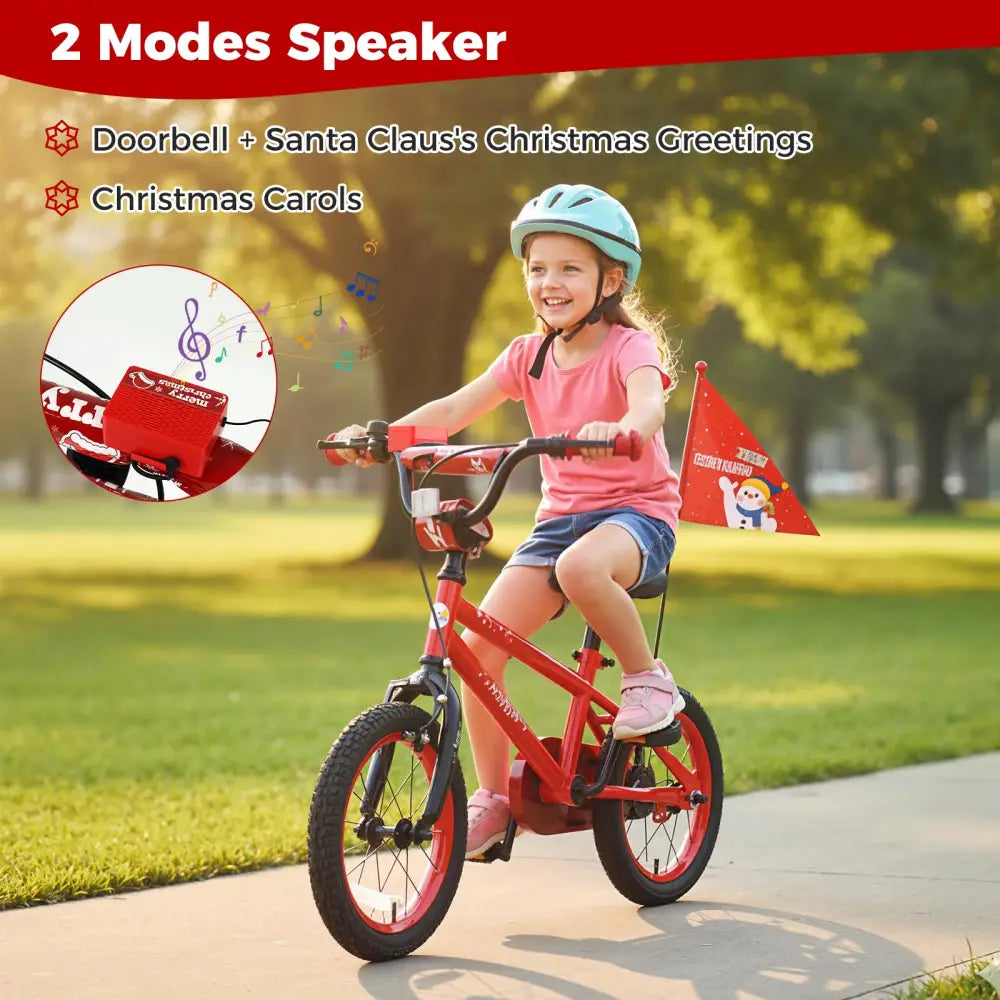 14 Inch Kids Bike Adjustable with Christmas Music & Flag for Aged 4-5 Years Old - Red - Kids Bike
