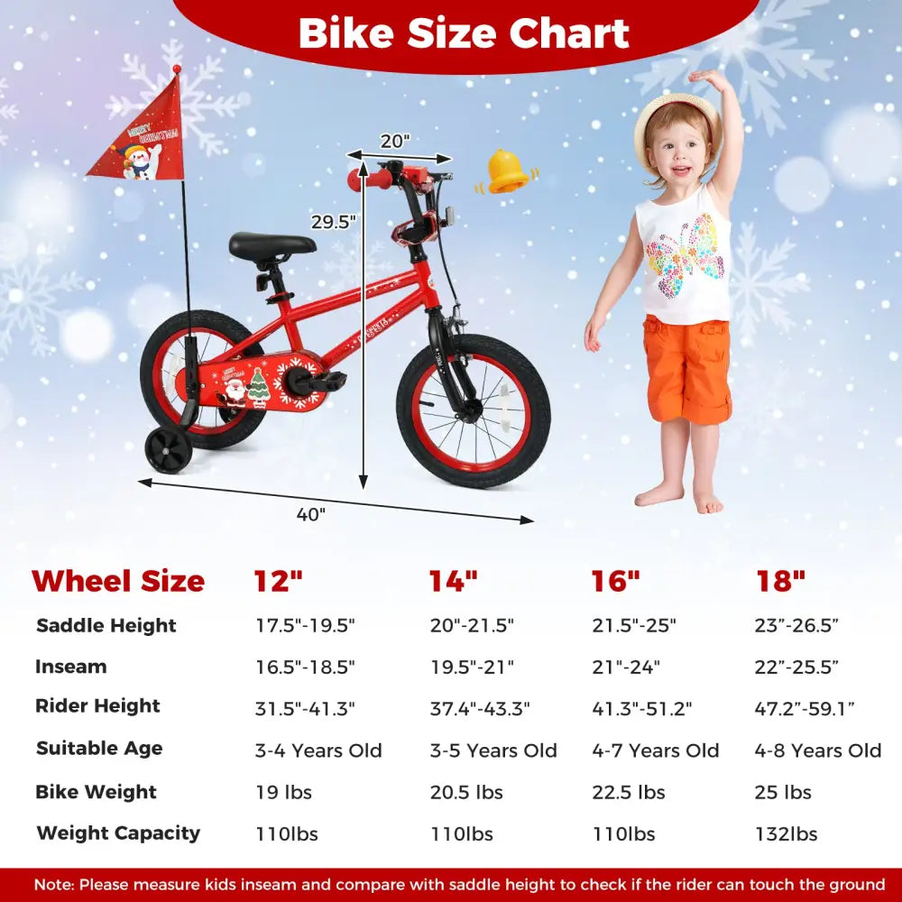 14 Inch Kids Bike Adjustable with Christmas Music & Flag for Aged 4-5 Years Old - Red - Kids Bike
