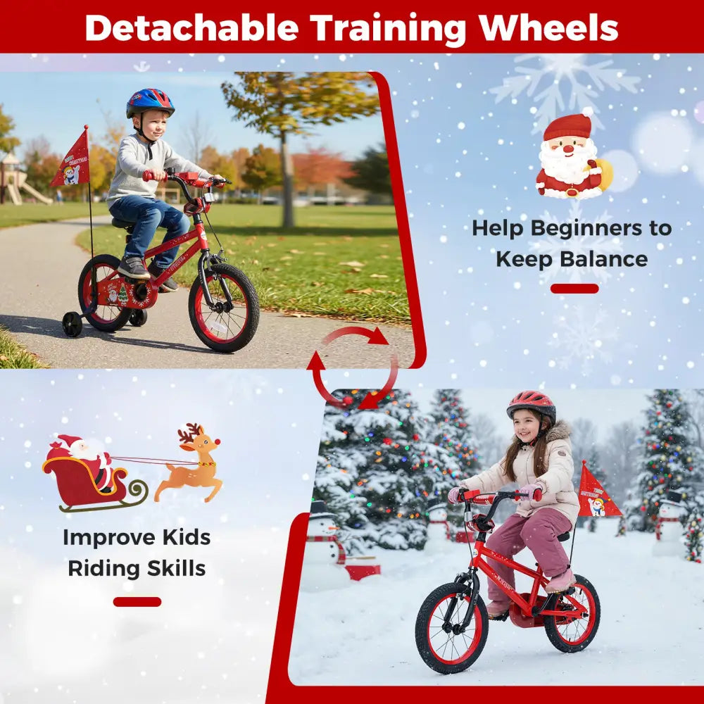 14 Inch Kids Bike Adjustable with Christmas Music & Flag for Aged 4-5 Years Old - Red - Kids Bike