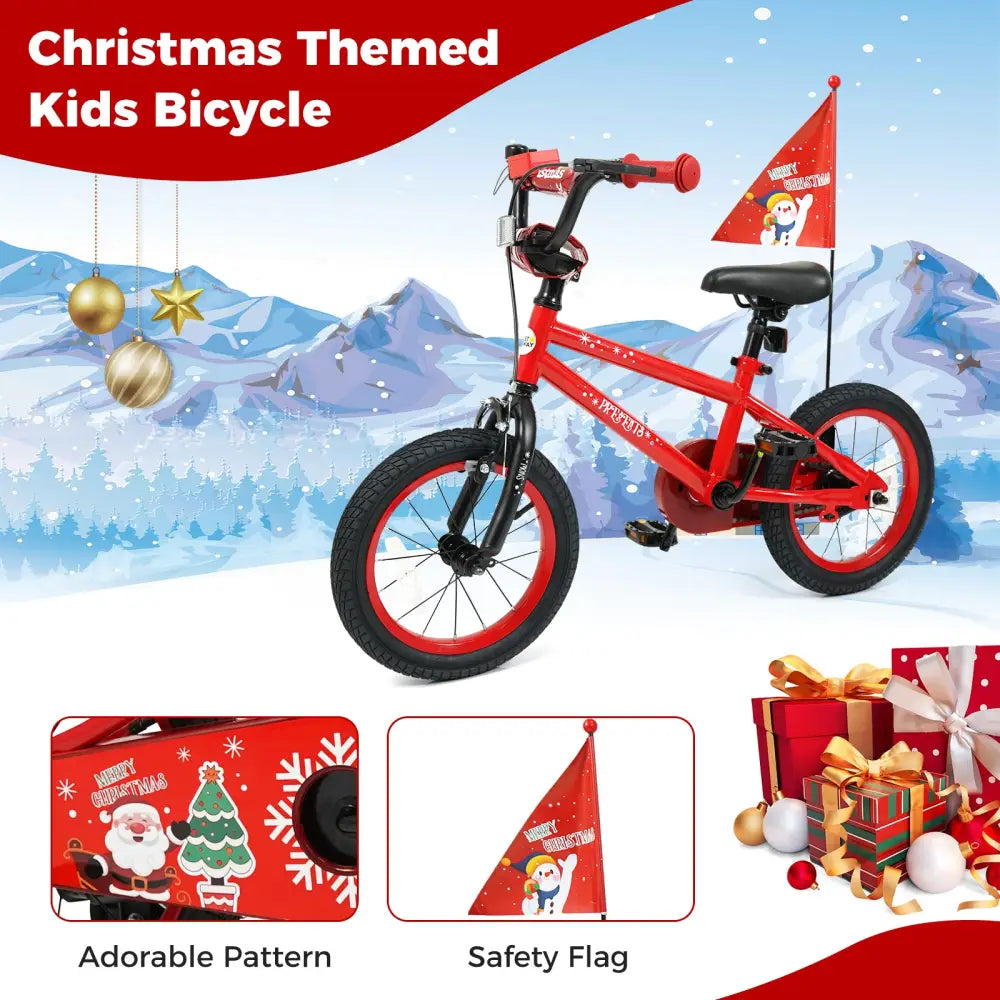 14 Inch Kids Bike Adjustable with Christmas Music & Flag for Aged 4-5 Years Old - Red - Kids Bike