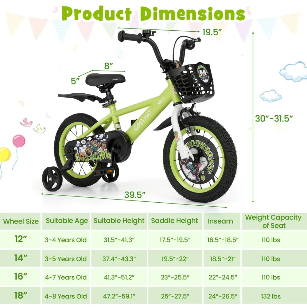 14 Inch Kids Bike Adjustable with Detachable Training Wheels for 3-5 Years Old-14 inches - Green - Kids Bike