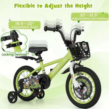 14 Inch Kids Bike Adjustable with Detachable Training Wheels for 3-5 Years Old-14 inches - Green - Kids Bike