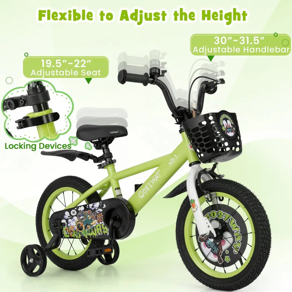 14 Inch Kids Bike Adjustable with Detachable Training Wheels for 3-5 Years Old-14 inches - Green - Kids Bike
