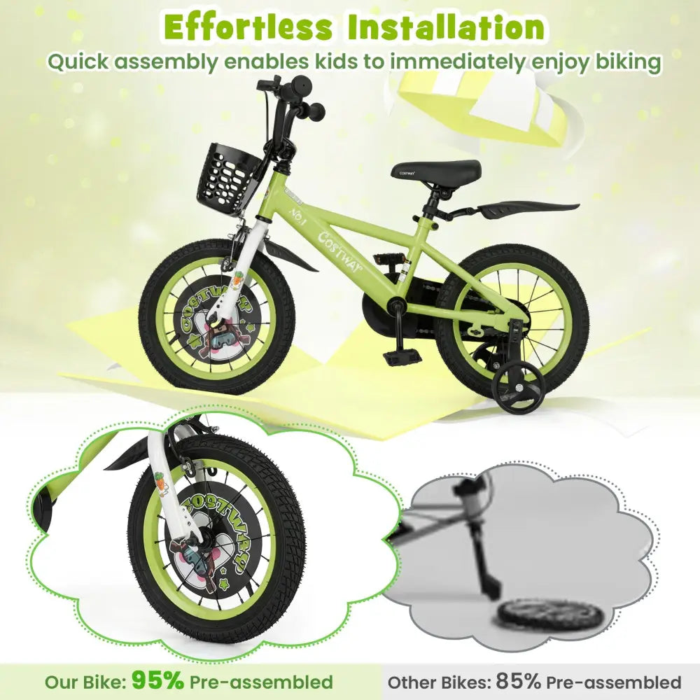14 Inch Kids Bike Adjustable with Detachable Training Wheels for 3-5 Years Old-14 inches - Green - Kids Bike
