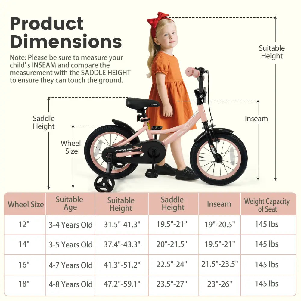 14 Inch Kids Bike Adjustable with Removable Training Wheels Pink for 3-8 Years Old - Pink - Kids Bike