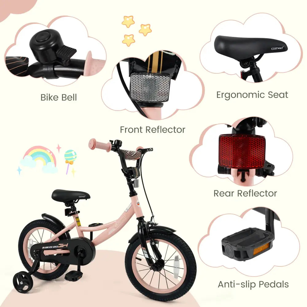 14 Inch Kids Bike Adjustable with Removable Training Wheels Pink for 3-8 Years Old - Pink - Kids Bike